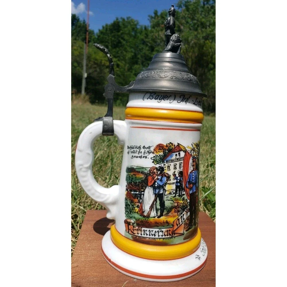 German Regimental Beer Stein Konig Munich Lithopane 1907-10 w/Pewter Lid Handle
